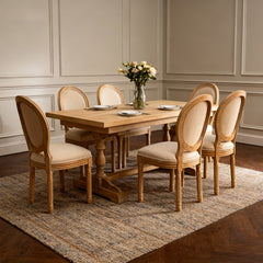 French Style Solid Wood Frame  Linen Fabric Oval Back Dining Chair,Set of 2,Beige