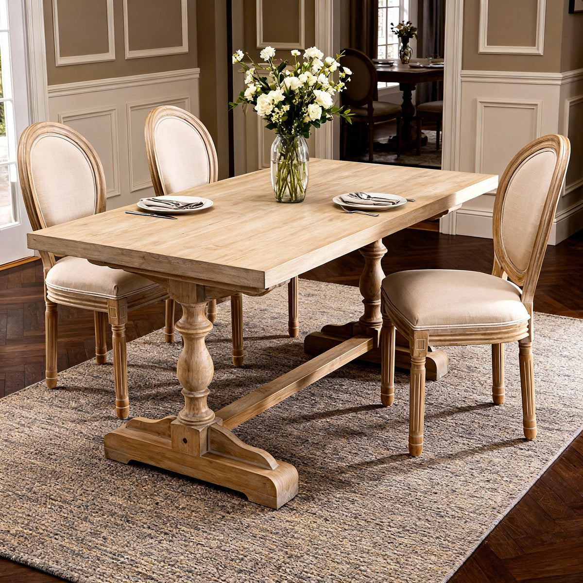 French Style Solid Wood Frame  Linen Fabric Oval Back Dining Chair,Set of 2,Beige