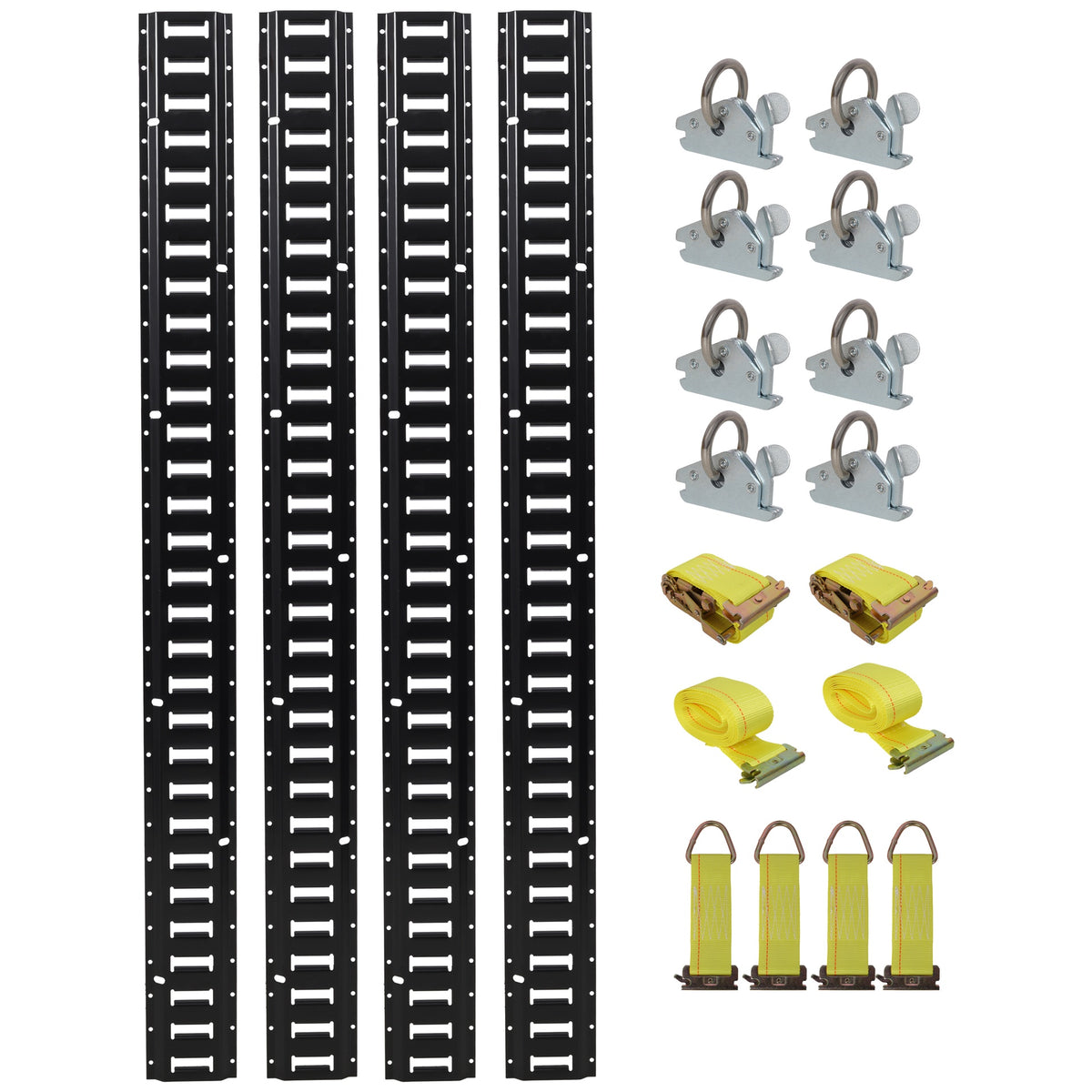 18PCS E Track Tie-Down Rail Kit, Trucks, Vans, Garages, Trailer Tie Down System,4 Pack 5ft Horizontal E-Track , 8 Pack Steel O-Ring Anchors,4 Pack Rope Tie Offs, 2 Pack Ratchet Straps