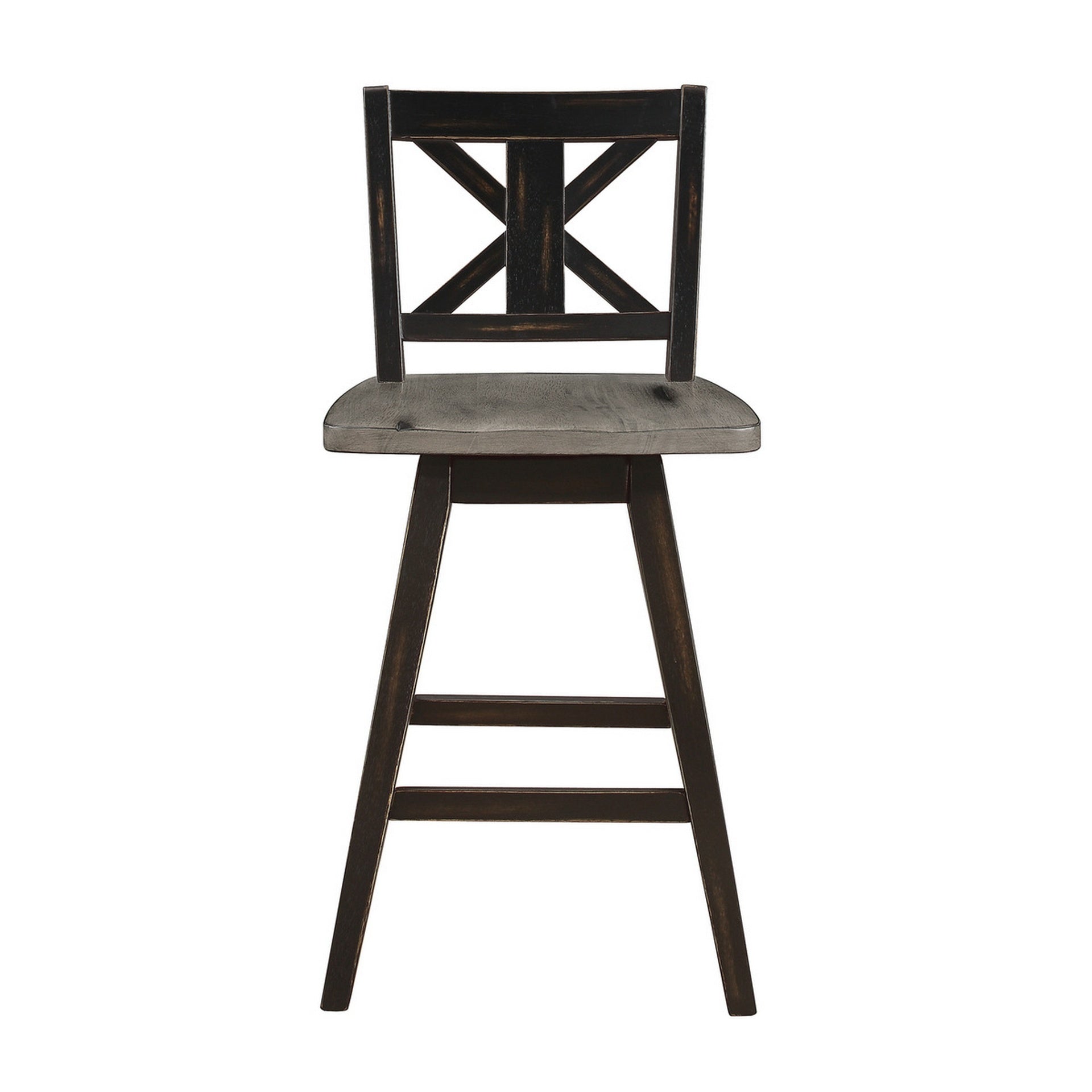 Farmhouse Swivel Counter Height Chair with X Shaped Back, Set of 2, Antique Gray, Black