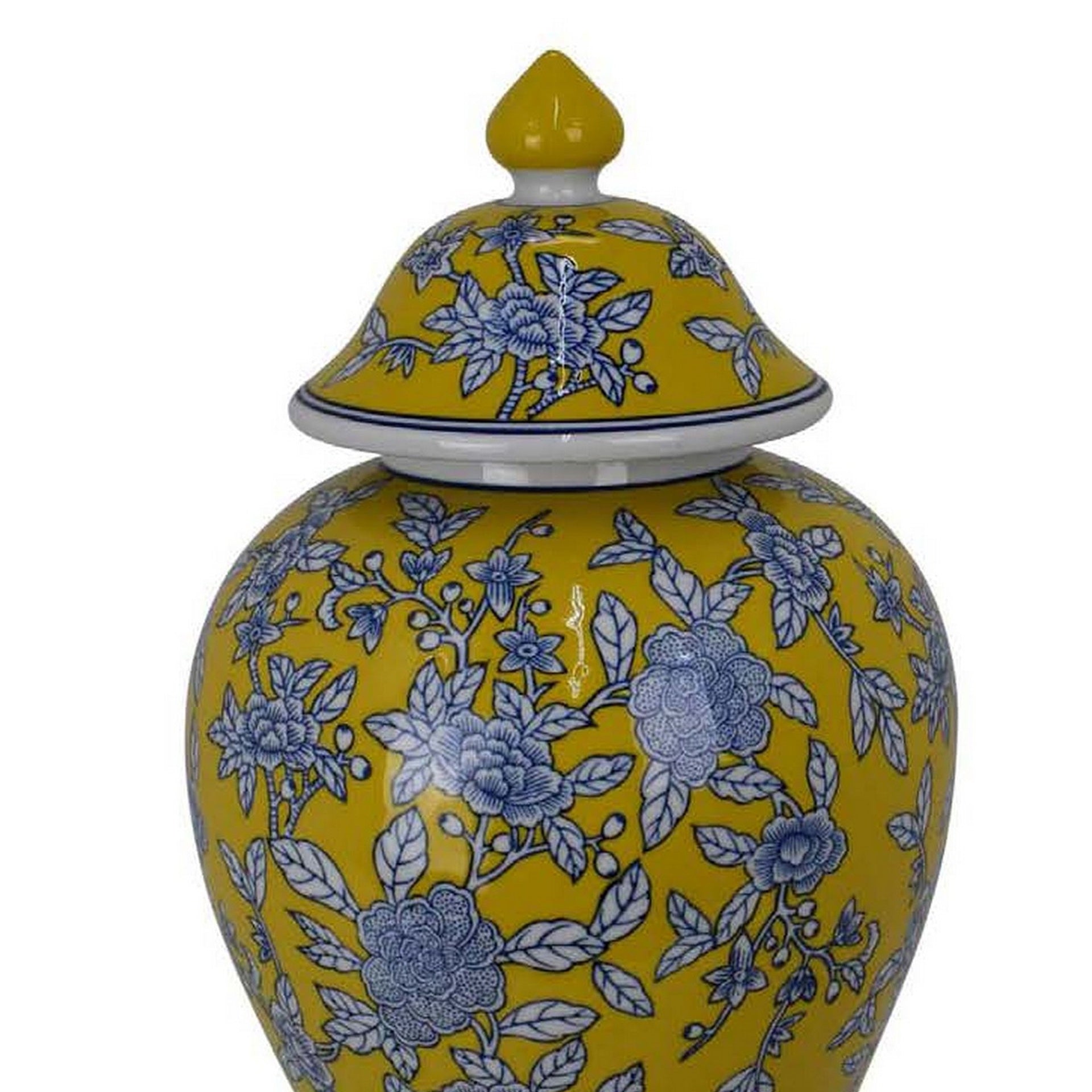 Chris Decorative Jar, Yellow Bird and Floral, Blue Ceramic 20 Inch