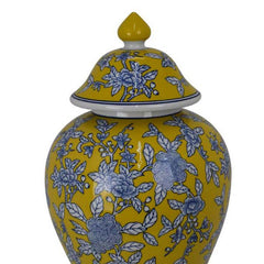 Chris Decorative Jar, Yellow Bird and Floral, Blue Ceramic 20 Inch