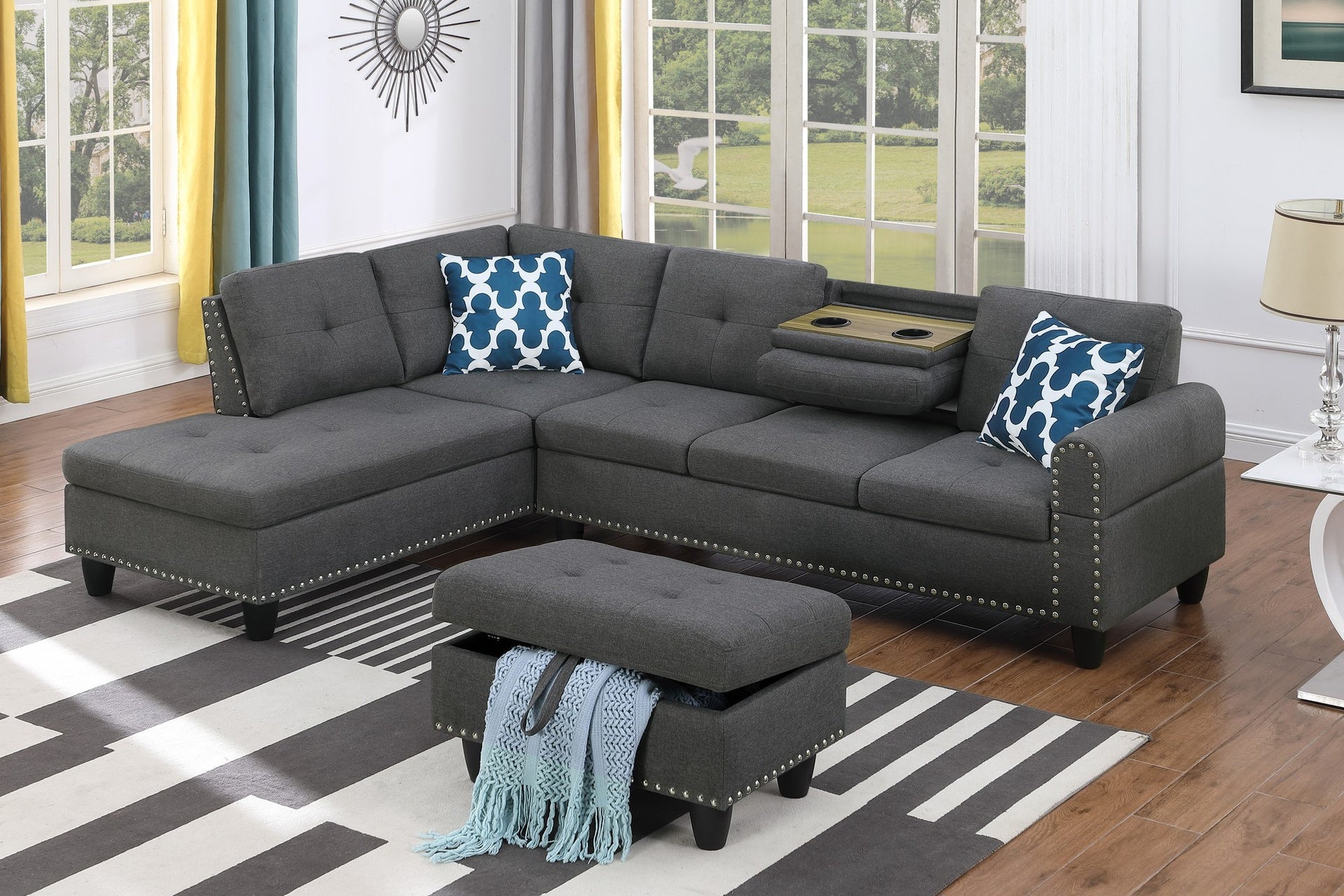 Cup - holder Console - Featured Corner Sofa in Charcoal - Dark Gray