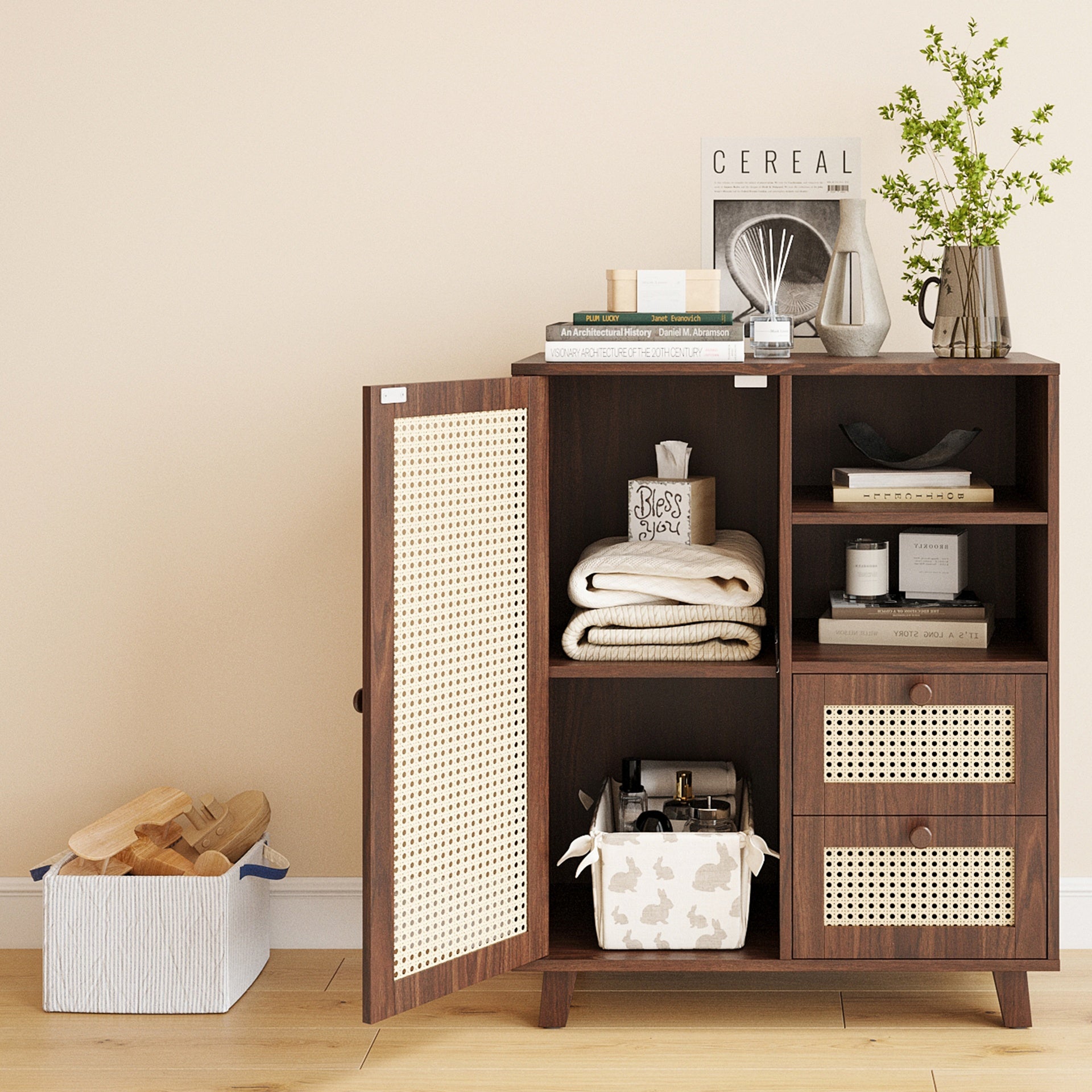 Rattan Buffet Cabinet with Adjustable Shelf, Sideboard with Drawers for Living Room, Kitchen, Entryway