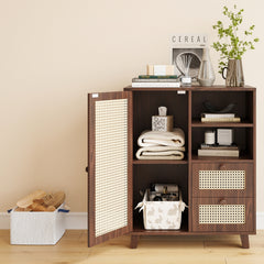 Rattan Buffet Cabinet with Adjustable Shelf, Sideboard with Drawers for Living Room, Kitchen, Entryway