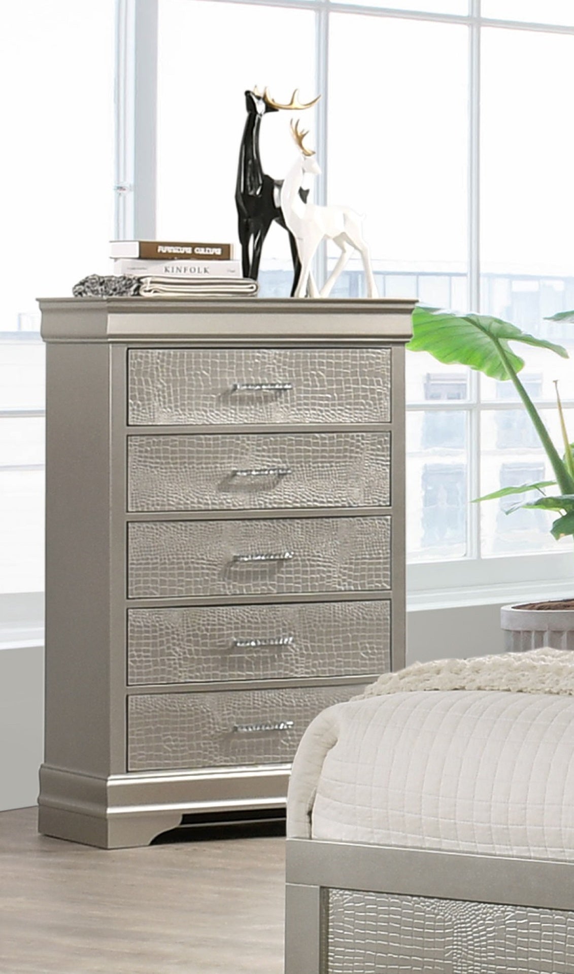 5-Drawer Tall Chest Modern 1pc Beige Champagne Texture Finish Solid Wood Wooden Crystal Tufted Handle Bedroom Home Furniture