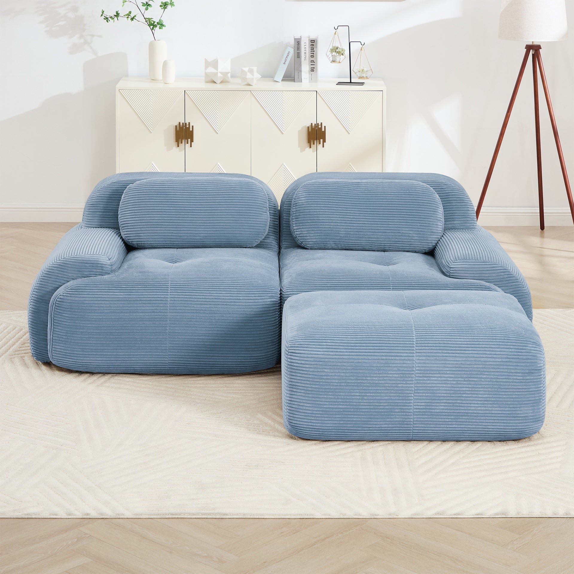 82'' L-shaped sofa in softCorduroy Fabric fabric modular design multiple combinations curved armrests no assembly required high-resilience sponge suitable for living rooms rest areas bedroom,Blue