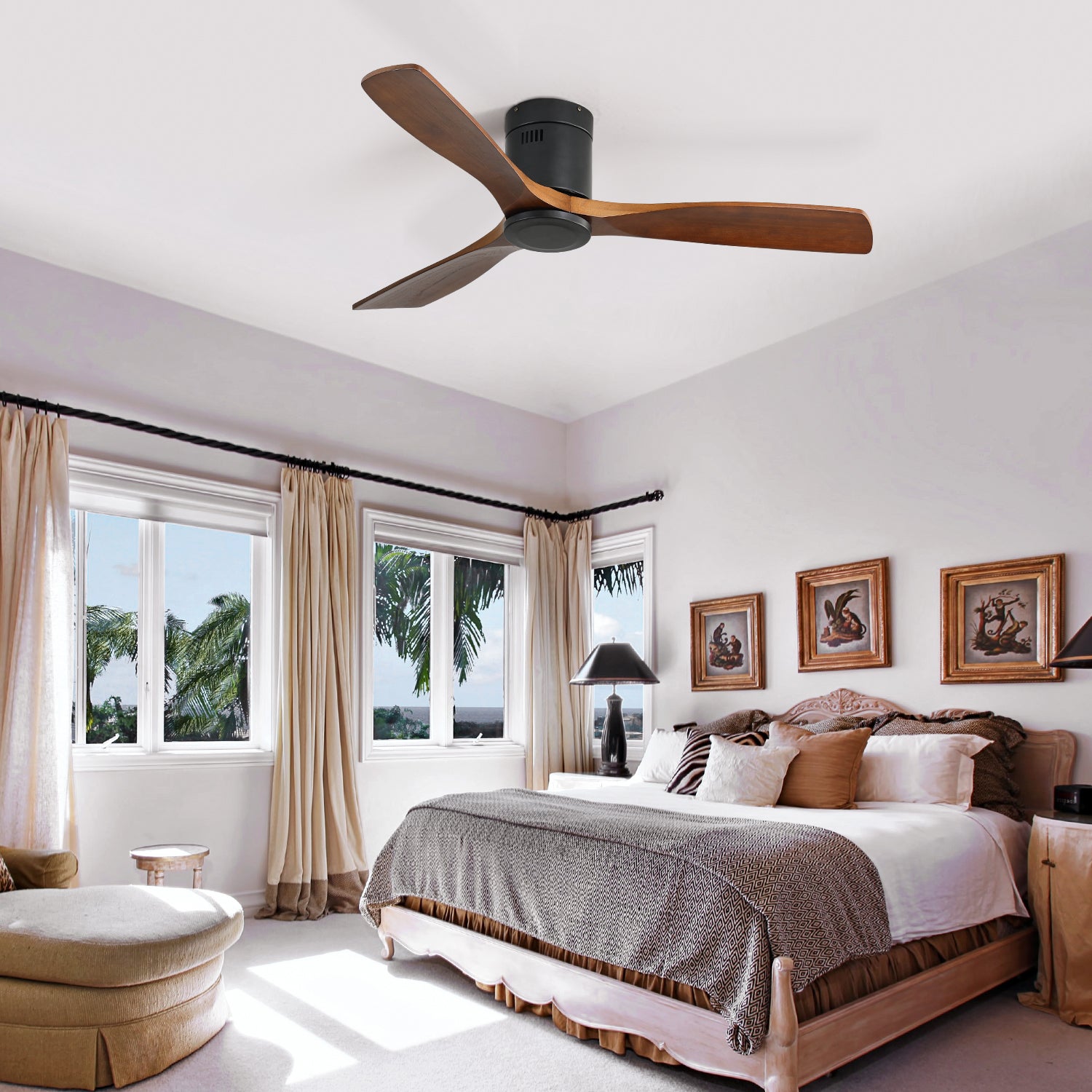 52 Inch Low Profile Ceiling Fan DC 3 Wood Fan Blade Noiseless Reversible Motor Remote Control Without Light