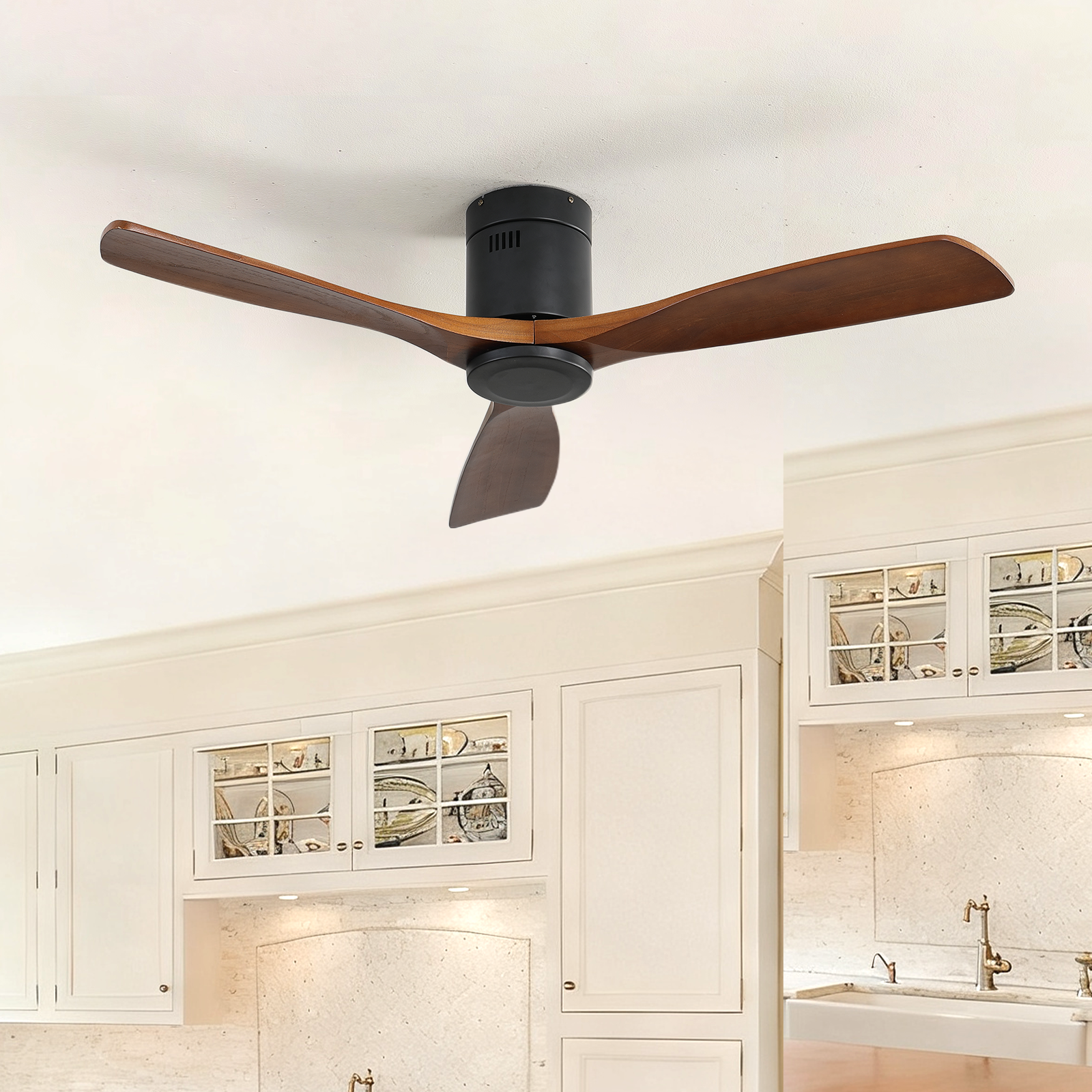 52 Inch Low Profile Ceiling Fan DC 3 Wood Fan Blade Noiseless Reversible Motor Remote Control Without Light