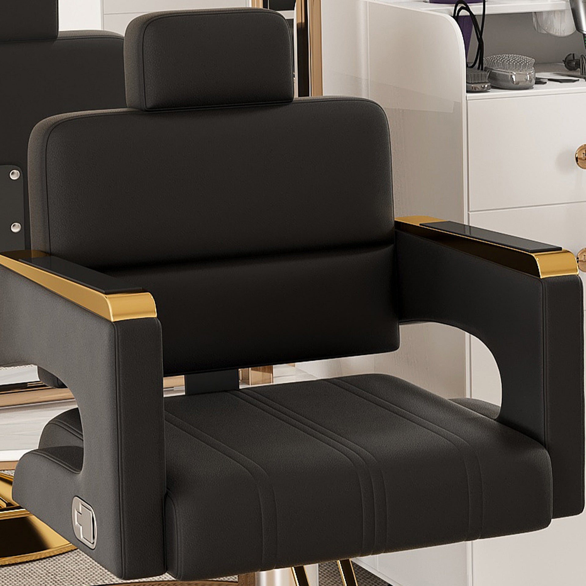 Professional Hydraulic Barber Chair - 360° Swivel with Adjustable Height, Stainless Steel Armrests & Reclining Backrest for Salon & Barber Shop(black + gold) (Single Pack)