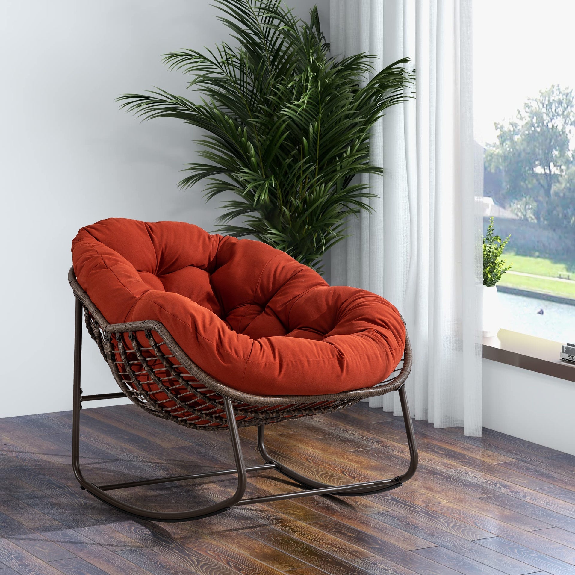 Outdoor Rattan Rocking Chair,Padded Cushion Rocker Recliner Chair Outdoor for Front Porch, Living Room, Patio, Garden, Orange