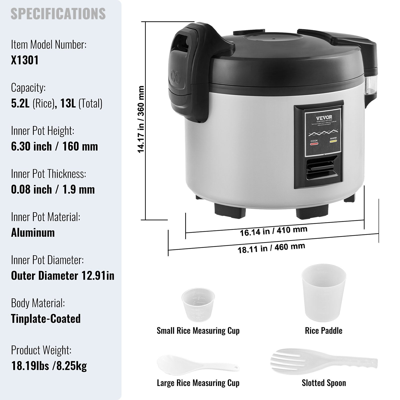 Commercial Rice Cooker 60-Cup Non-Stick Pot 13L 12H Keep Warm Restaurant