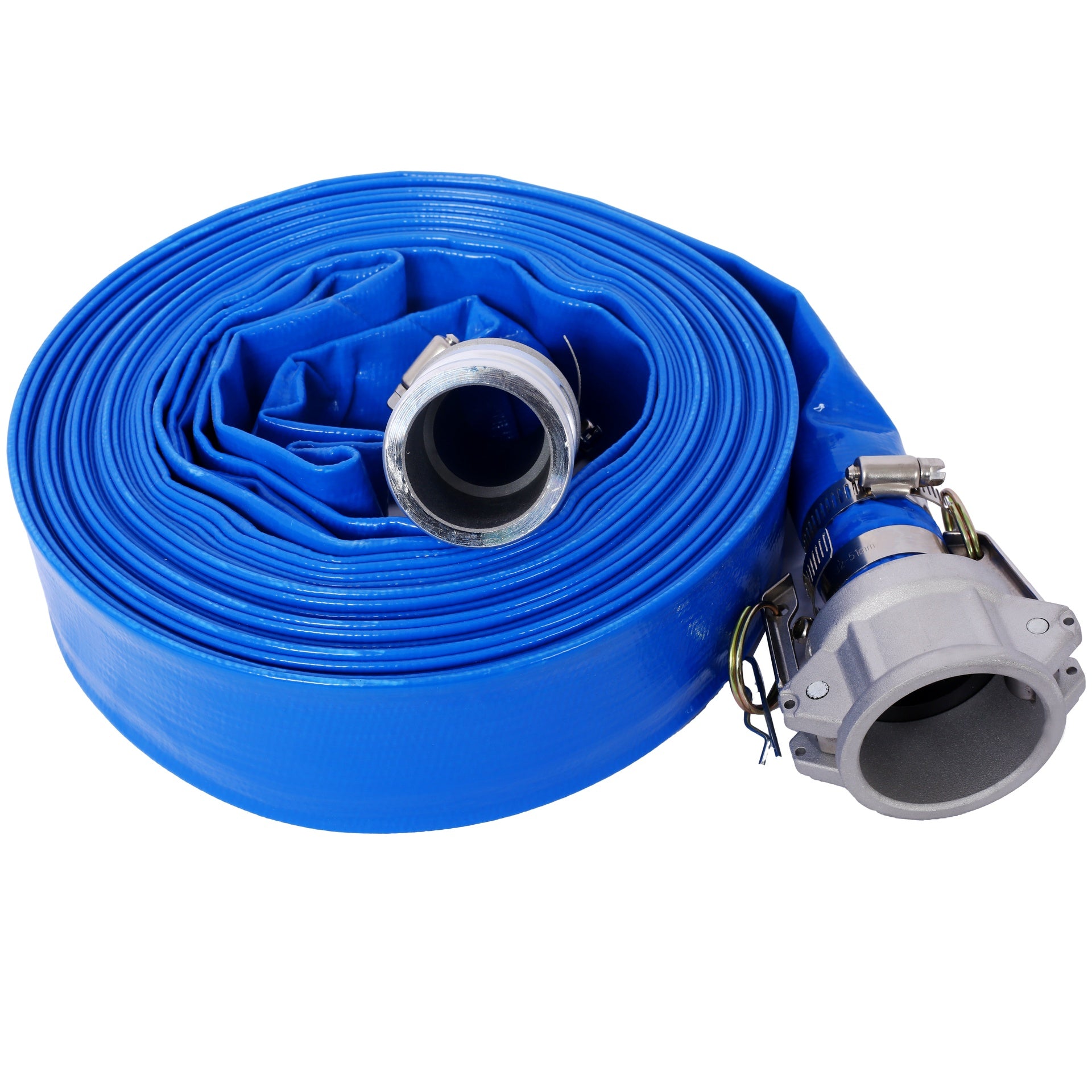 2"x50Ft  Pool Backwash Hose, Heavy Duty Reinforced Blue PVC Lay Flat Water Discharge Pump Hoses For Swimming Drain Pools and Clean Filters, with Aluminum Camlock C and E Fittings