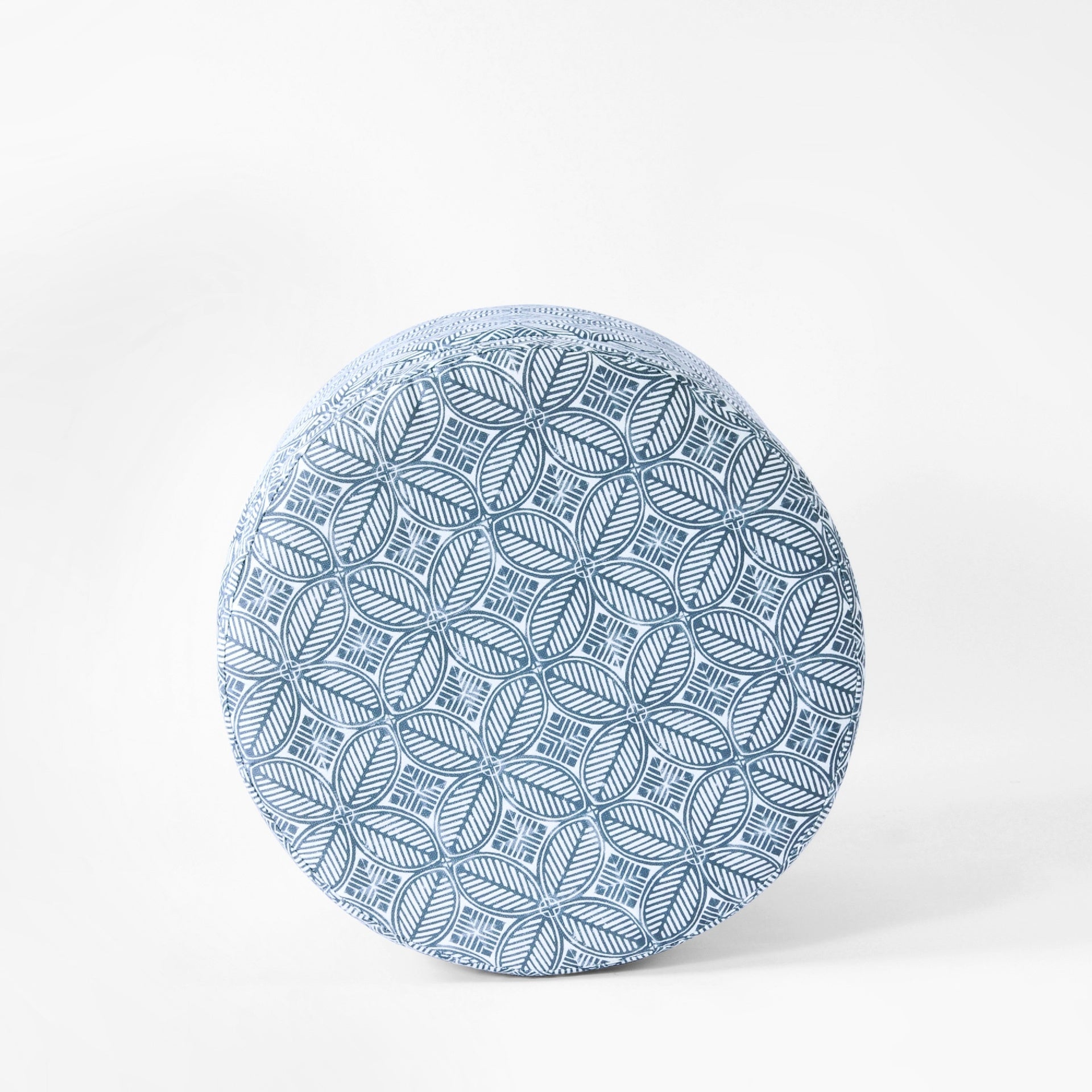 Loni Round Storage Ottoman, 19 Inch Indigo Blue Pattern, Walnut Brown