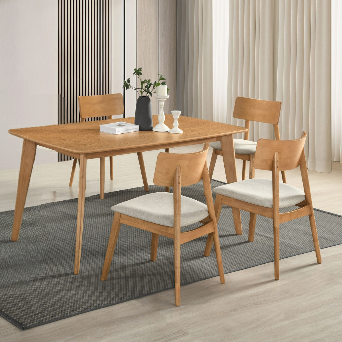 Casual Farmhouse Dining Set 5pcs Table and Side Chairs Beige Fabric Upholstered Curve Back Wooden Furniture