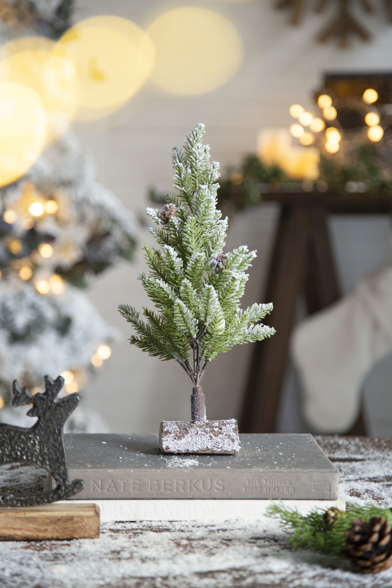 Set of 2, 13.5" christmas PVC Tree On Wood Base With Snow