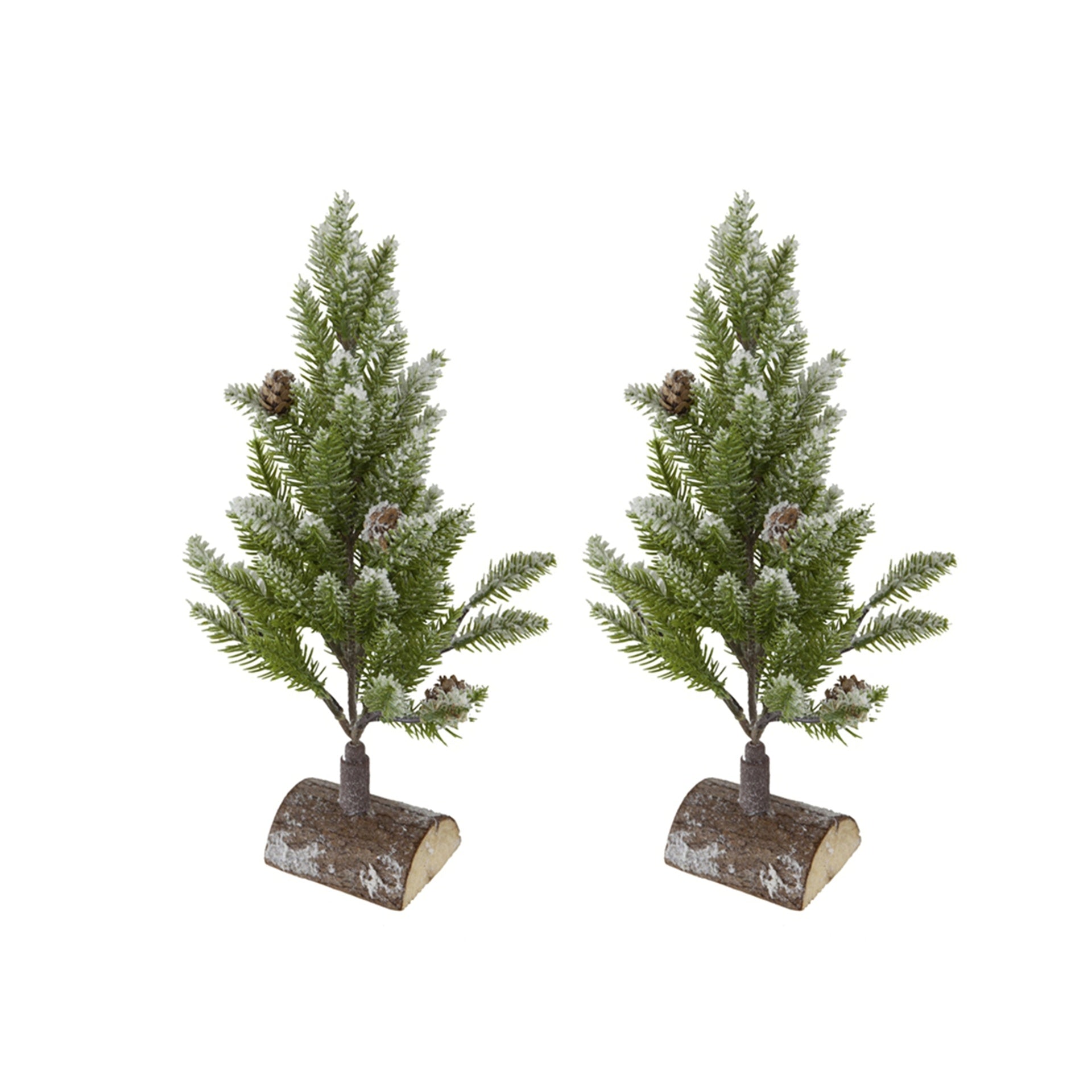 Set of 2, 13.5" christmas PVC Tree On Wood Base With Snow