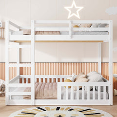 Full over Full Wood Bunk Bed with Ladder and Guardrails, White