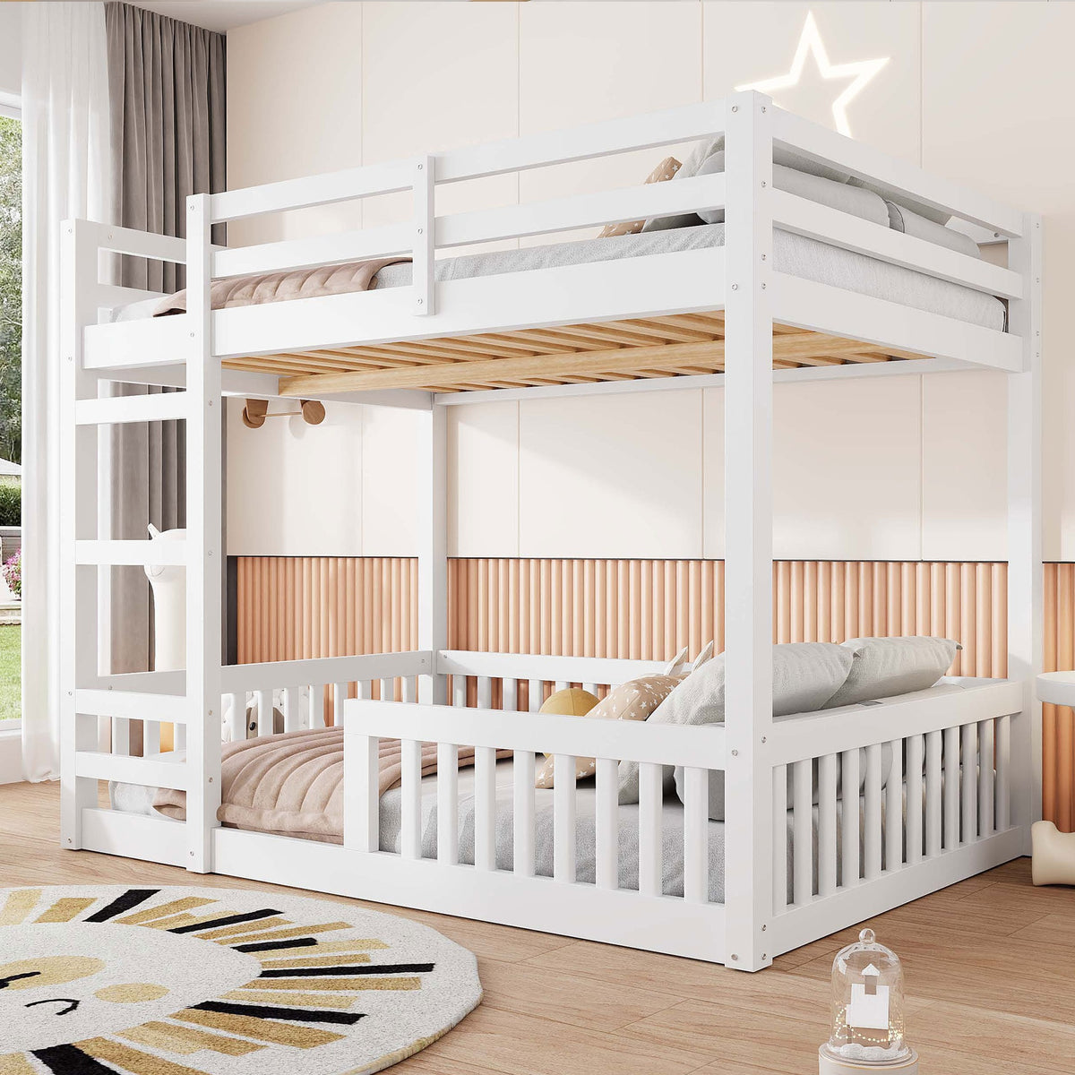 Full over Full Wood Bunk Bed with Ladder and Guardrails, White