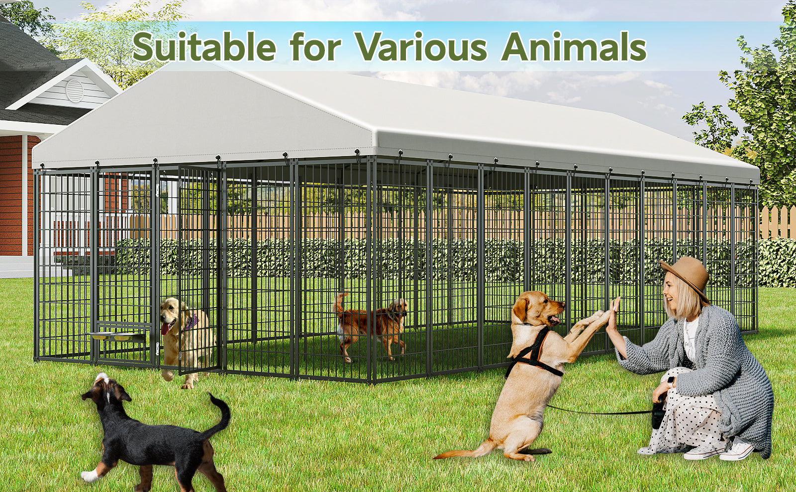 Large Dog Kennel Outdoor Pet Pens Dogs Run Enclosure Animal Hutch Metal Coop Fence with Roof Cover. 18.9'L x 9.61'W x 6.76'H.