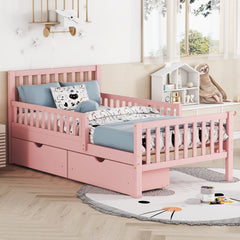 Twin Size Wood Platform Bed with Guardrails on Both Sides and Two Storage Drawers ,Pink