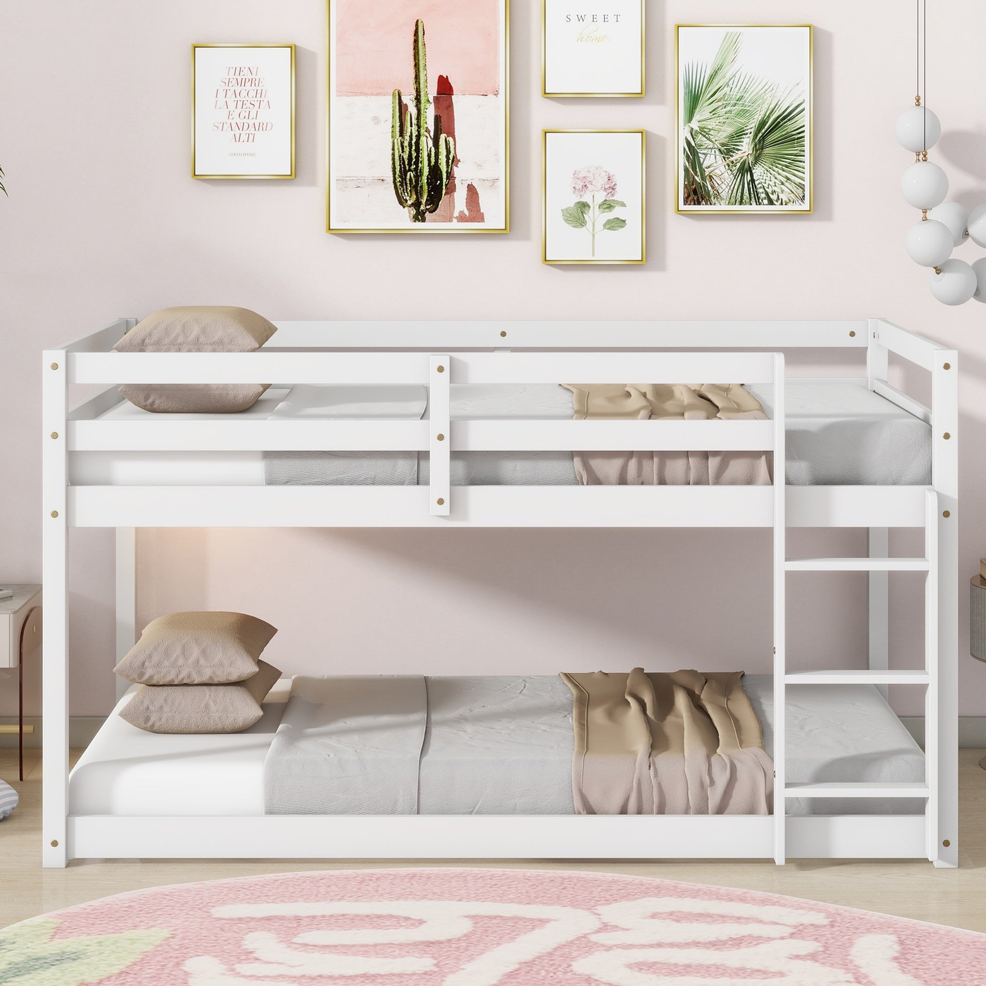 Solid Wooden, Solid Rubber Wooden Twin over Twin Floor Bunk Bed with Ladder, with Bed Platform of Strengthened Slats,White