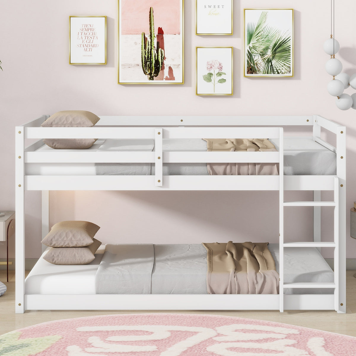 Solid Wooden, Solid Rubber Wooden Twin over Twin Floor Bunk Bed with Ladder, with Bed Platform of Strengthened Slats,White