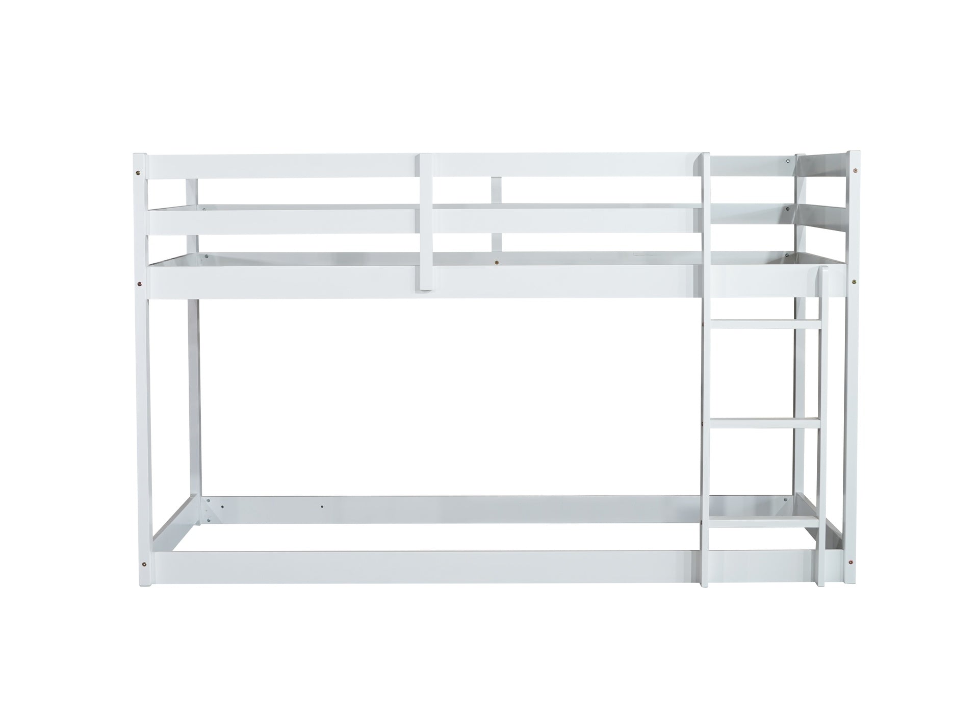 Solid Wooden, Solid Rubber Wooden Twin over Twin Floor Bunk Bed with Ladder, with Bed Platform of Strengthened Slats,White
