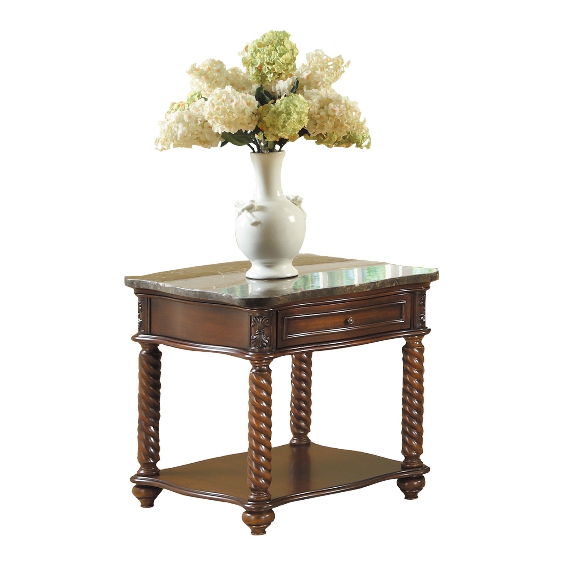 Traditional Formal Marble Top End Table with Drawer Lower Shelf Mahogany Finish Spiral Turned Legs Wooden 1pc Living Room Furniture Side Table