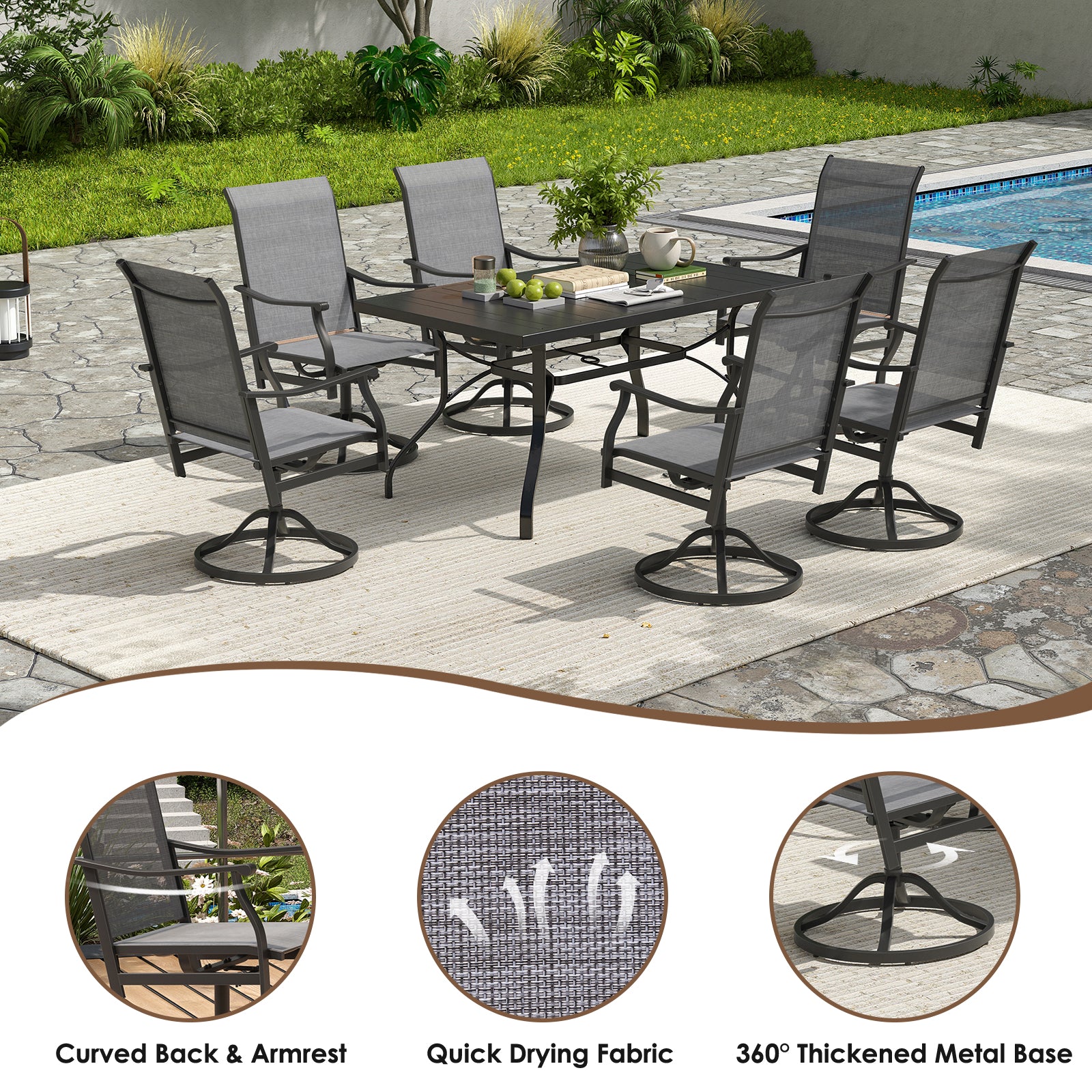 Outdoor Dining Chairs Set of 2, 360°Swivel Patio Dining Chair with Textilene Fabric, Outdoor Metal Armchair All Weather Resistant, Ergonomic Comfort, Perfect for Patio, Backyard, Balcony