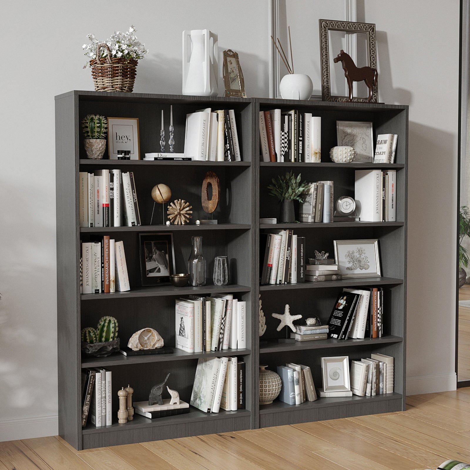Grey Bookshelf for Bedroom 5 Shelf Office Bookcase 60 Inches Tall Modern Wood Bookshelf for Living Room 5 Tier Wide Manga Bookshelves Library Bookcase