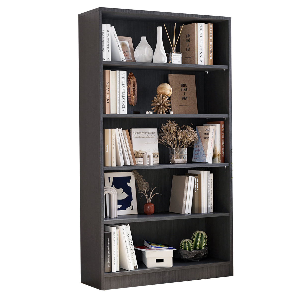 Grey Bookshelf for Bedroom 5 Shelf Office Bookcase 60 Inches Tall Modern Wood Bookshelf for Living Room 5 Tier Wide Manga Bookshelves Library Bookcase