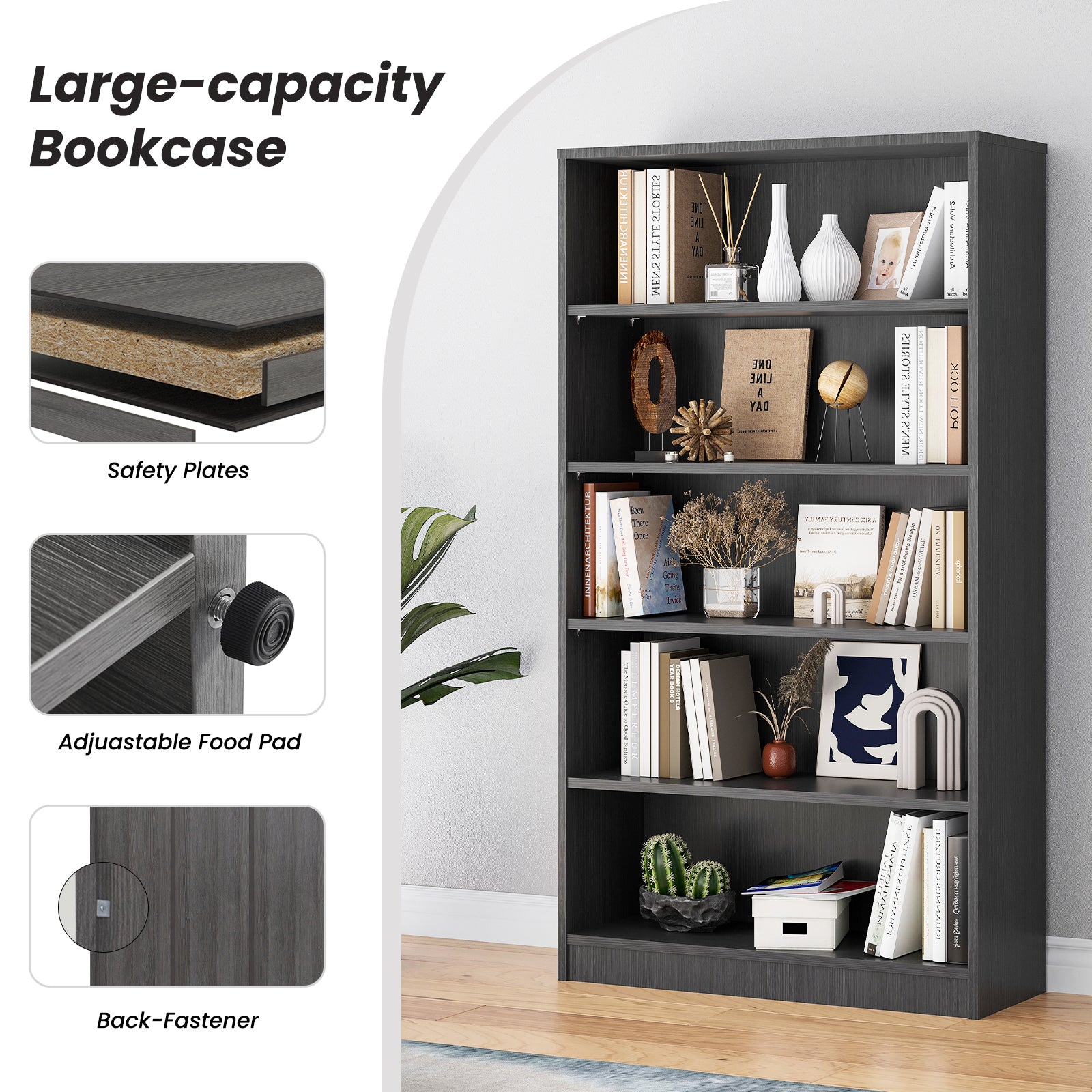 Grey Bookshelf for Bedroom 5 Shelf Office Bookcase 60 Inches Tall Modern Wood Bookshelf for Living Room 5 Tier Wide Manga Bookshelves Library Bookcase