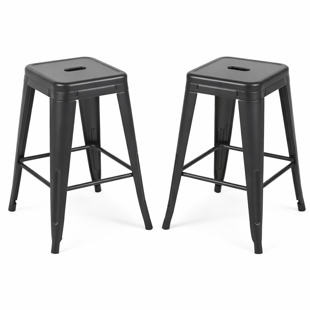 24 Inch Counter Height Stool, Backless Metal Bar Stools Set of 2, Non-Stackable, Detachable & Easy Assembly, Space-Saving Design for Kitchen Island/Bar/Café/Dining Room (Matte Black)