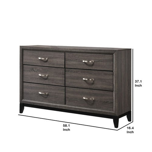 Transitional Style Dresser with 6 Drawers and Metal Pulls, Gray and Black