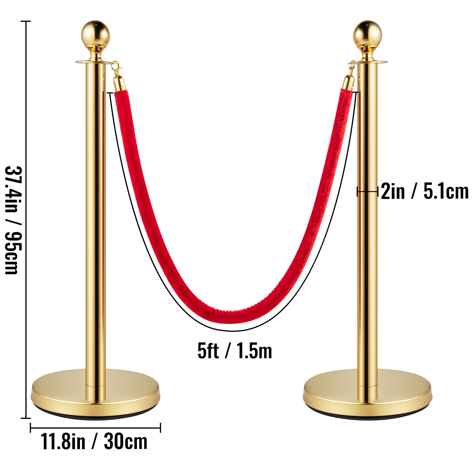 6 PCS Gold Stanchions Posts Stainless Steel Stanchion Queue Post Red Rope Retractable 38In for Both Indoor and Outdoor use.
