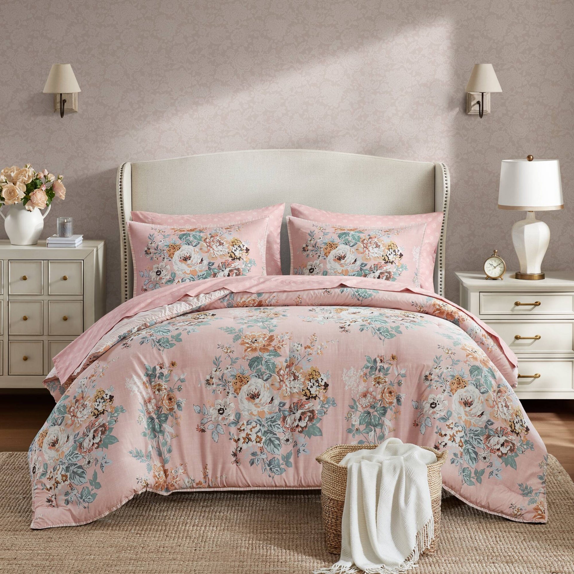 7-Piece Full 7 Piece Vintage-inspired Collection floral print,Pink