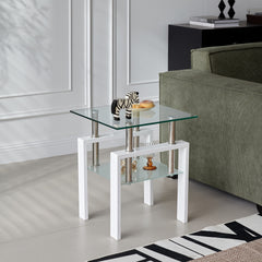 2 pieces White Tempered Clear Glass End Table, 2-Layers Small Table with Storage, Living Room Side Table
