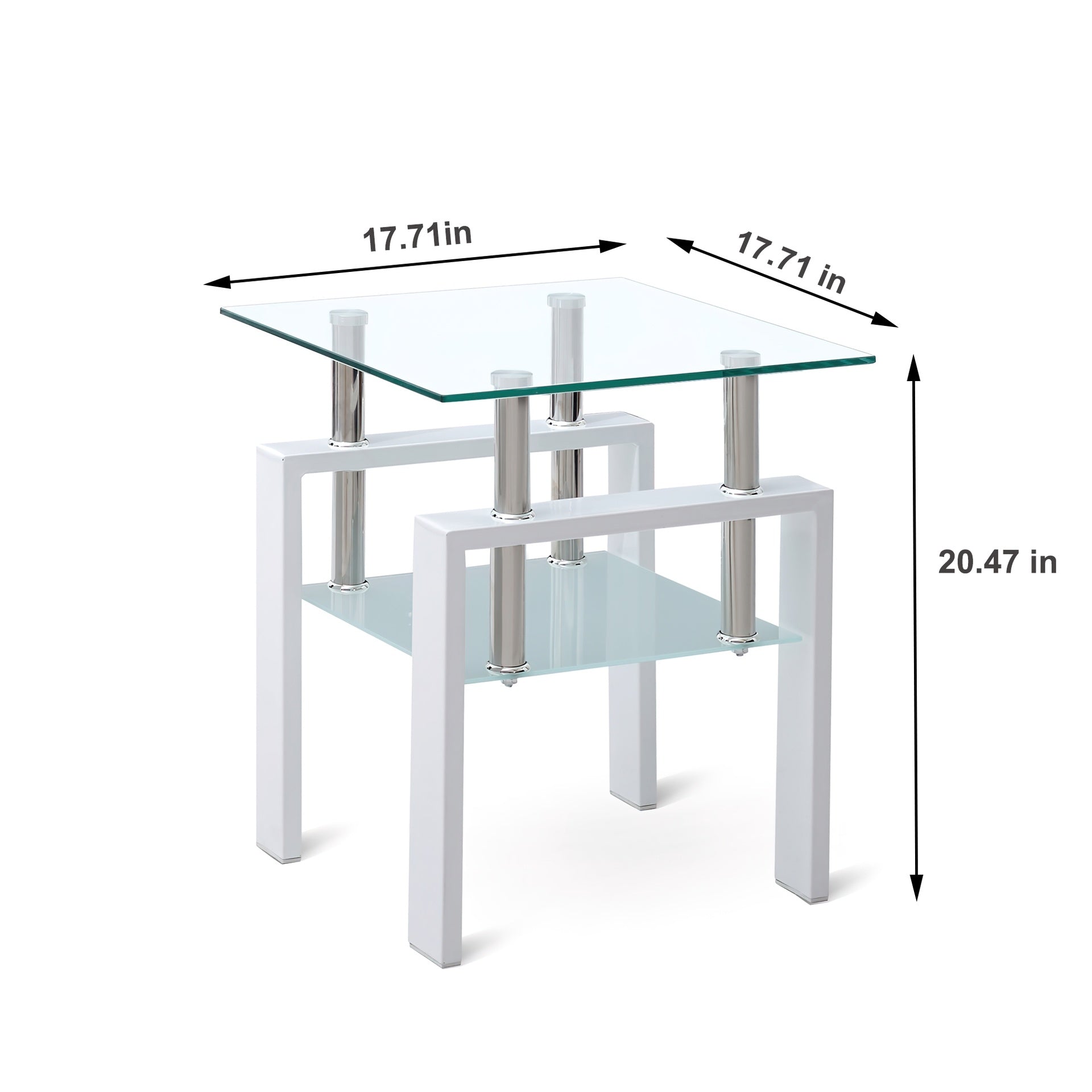 2 pieces White Tempered Clear Glass End Table, 2-Layers Small Table with Storage, Living Room Side Table
