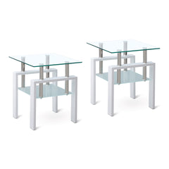 2 pieces White Tempered Clear Glass End Table, 2-Layers Small Table with Storage, Living Room Side Table