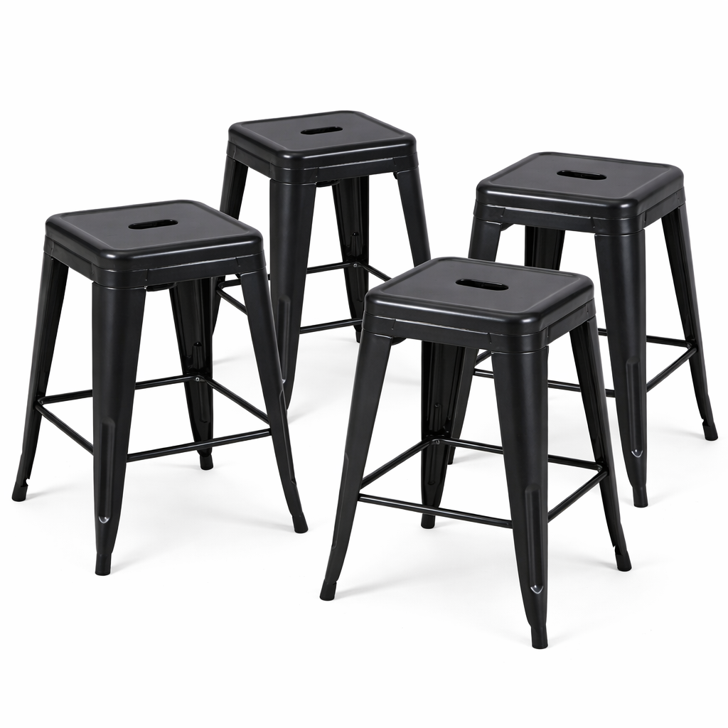 24 Inch Counter Height Stool, Backless Metal Bar Stools Set of 4, Non-Stackable, Detachable & Easy Assembly, Space-Saving Design for Kitchen Island/Bar/Café/Dining Room (Matte Black)