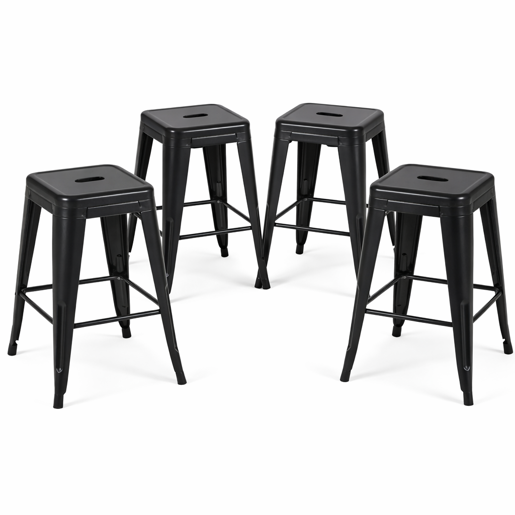 24 Inch Counter Height Stool, Backless Metal Bar Stools Set of 4, Non-Stackable, Detachable & Easy Assembly, Space-Saving Design for Kitchen Island/Bar/Café/Dining Room (Matte Black)