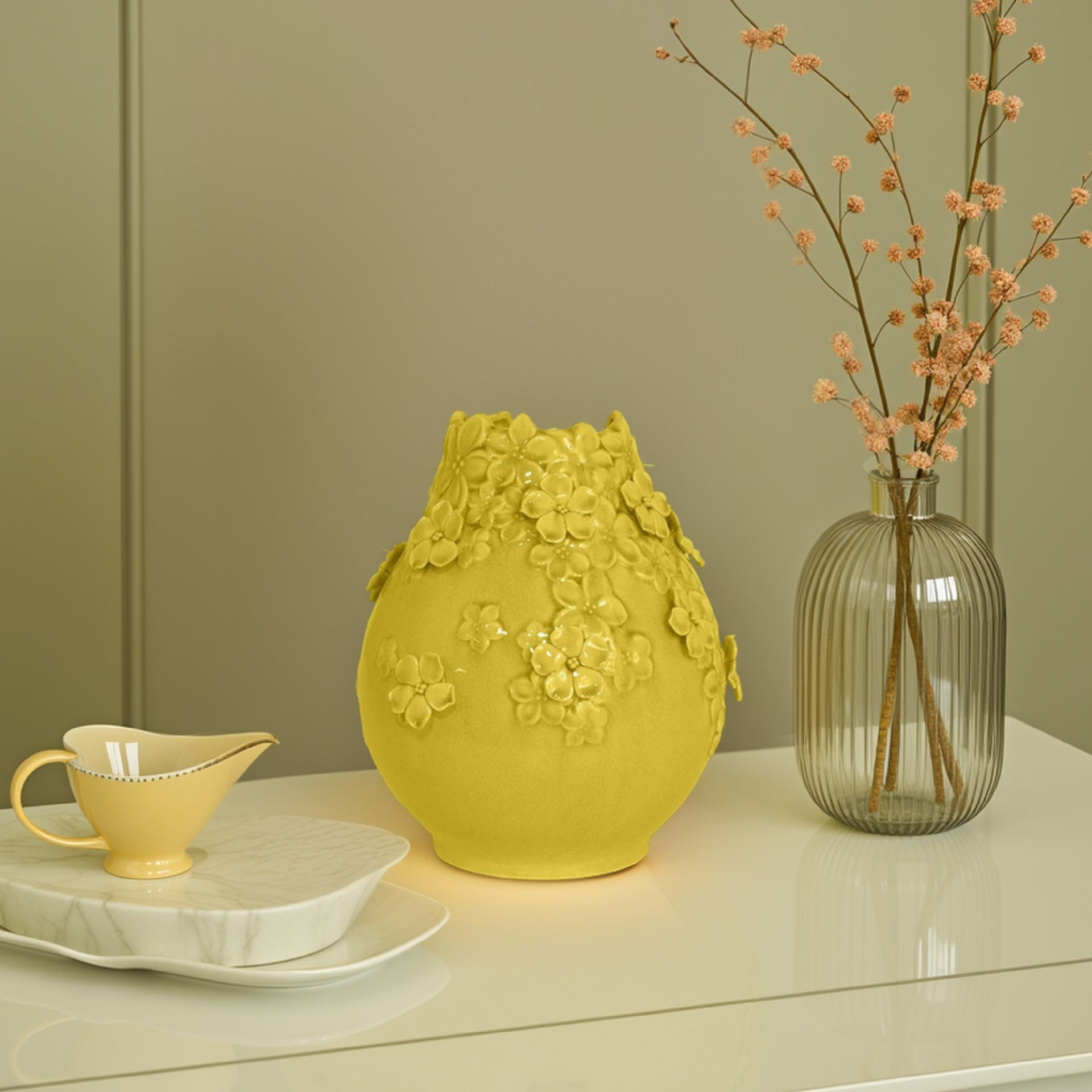 Remi Flower Vase, Decorative Yellow Ceramic w Floral Motifs, 11 Inch