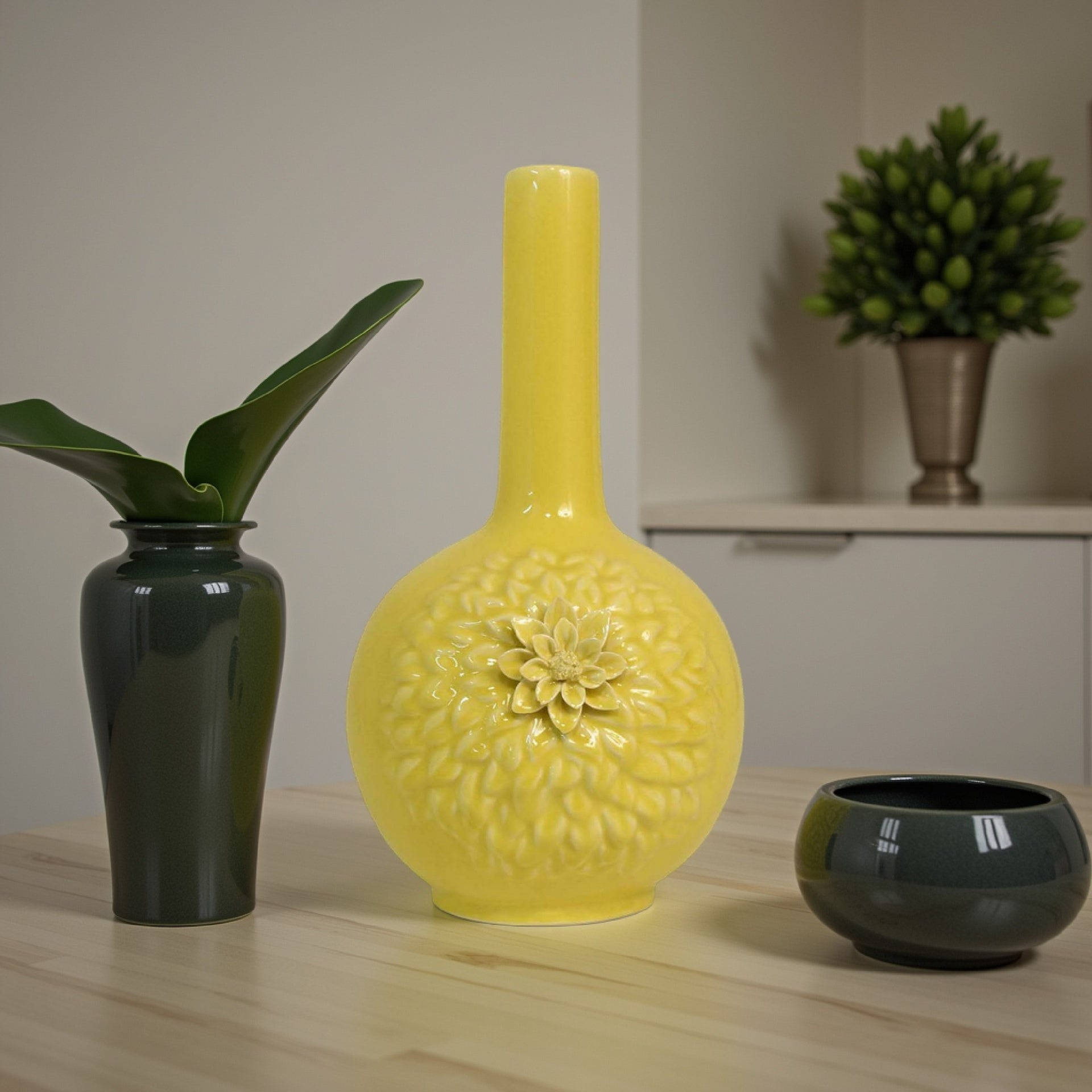 Remi Flower Vase, Narrow Neck, Yellow Ceramic w Floral Motifs, 16 Inch