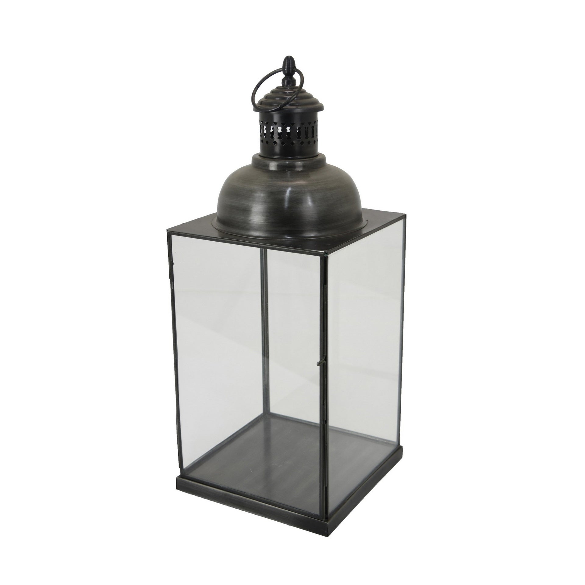 Laila Lantern, Black Metal, Glass Panels, Square Base, 18 Inch Tall