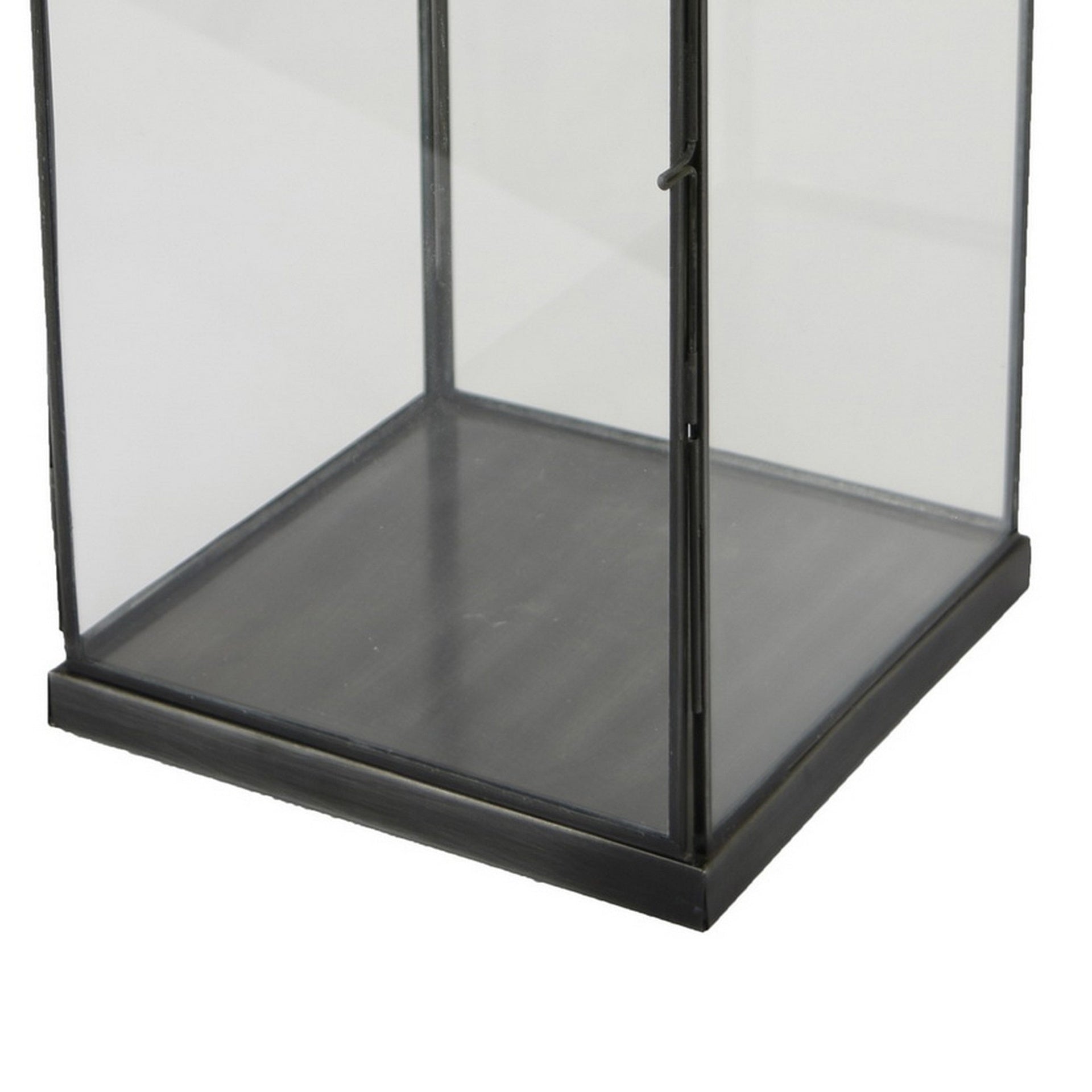 Laila Lantern, Black Metal, Glass Panels, Square Base, 18 Inch Tall