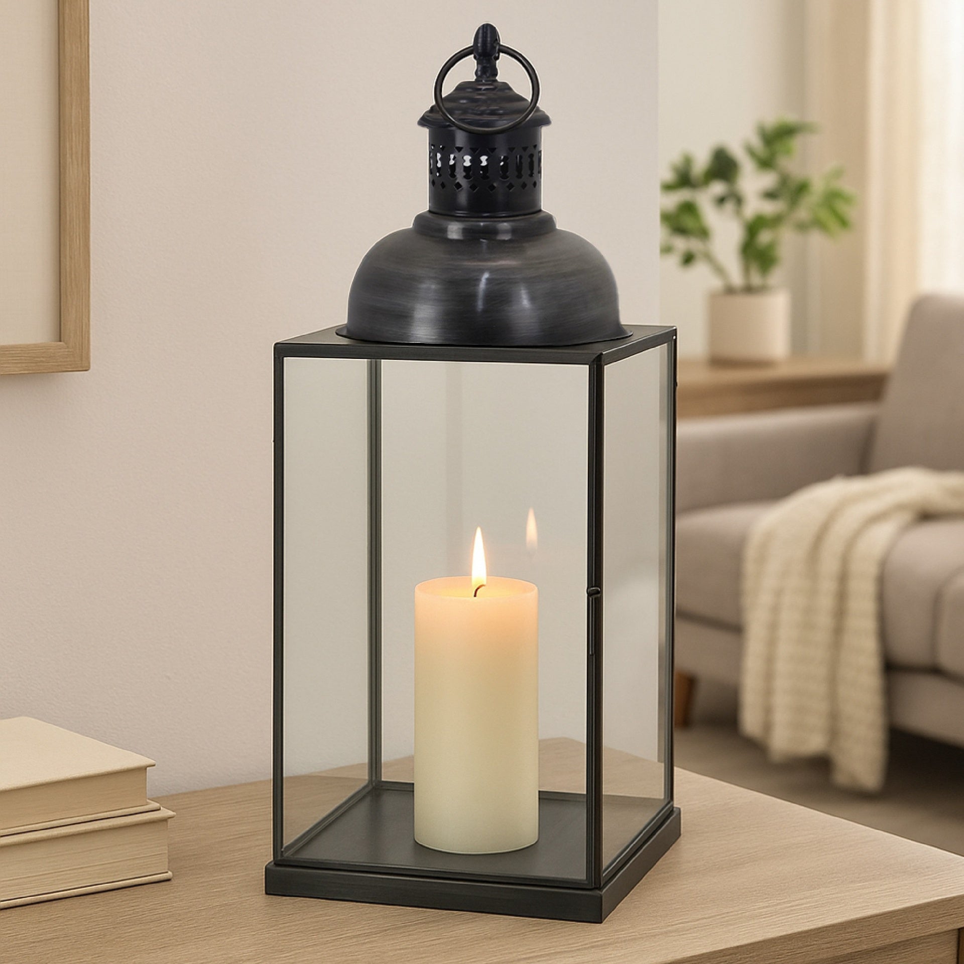 Laila Lantern, Black Metal, Glass Panels, Square Base, 18 Inch Tall