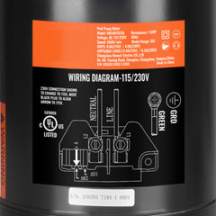 1 HP Pool Pump Motor, 56J Frame, 115V(9.8 Amps)/230V(4.9 Amps) 3450 RPM, 60Hz, 1.4 Service Factor, 90μF/250V Capacitor, CCW Rotation Round Flange Replacement Motor