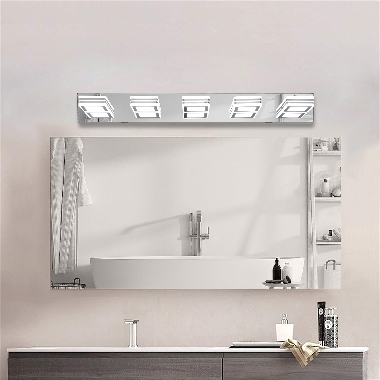 32" Modern Chrome 5-Light LED Vanity Light, Square Acrylic Lampshades Wall Mount Fixture for Bathroom, Mirror Lighting
