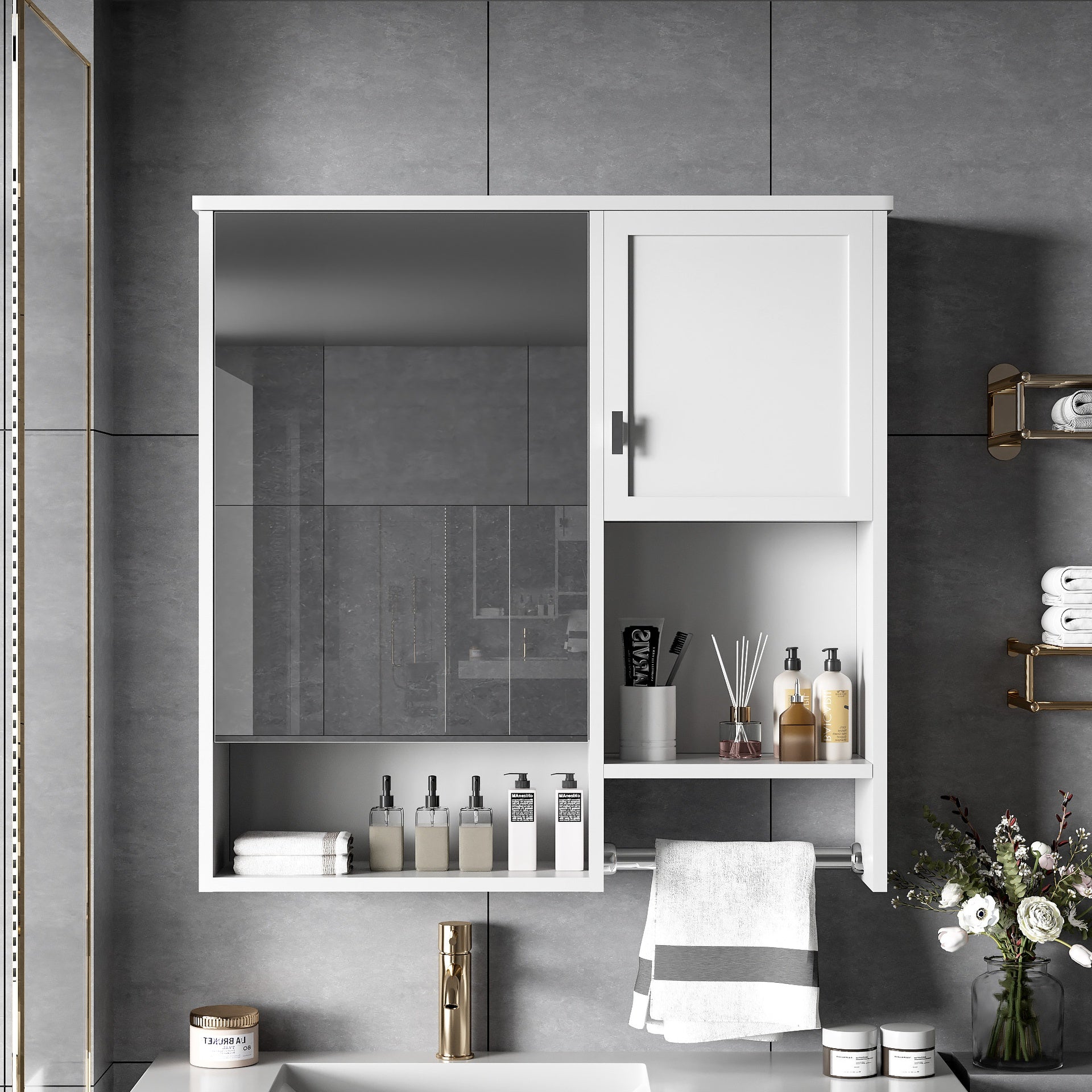 29'' x 28'' Modern Wall Mounted Bathroom Medicine Cabinet, Bathroom Wall Storage Cabinet with Mirror, Over the Toilet Space Saver Cabinet with Towels Bar